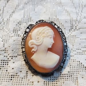 Vintage European 800 Cameo Brooch Pendant 925 Sterling silver Oval Antiq…